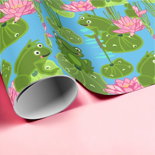 Happy Frogs in the Pond Blue Wrapping Paper