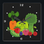 Happy Fruit and Veggies Wall Clock<br><div class="desc">These little guys are happy aren't they? Enthusiastic fruits and vegetables for your kitchen or dining area.  It's always time to eat healthy with is adorable time piece. Original art by Rebecca of Night Owl's Menagerie,  2012.</div>