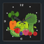 Happy Fruit and Veggies Wall Clock<br><div class="desc">These little guys are happy aren't they? Enthusiastic fruits and vegetables for your kitchen or dining area.  It's always time to eat healthy with is adorable time piece. Original art by Rebecca of Night Owl's Menagerie,  2012.</div>