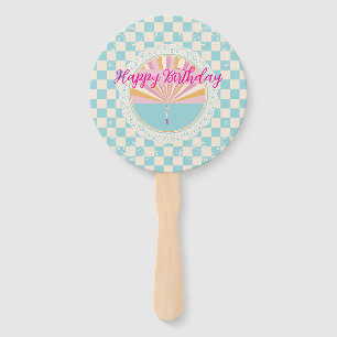 Happy Fun Blue Gingham Plaid Checkered Birthday Hand Fan