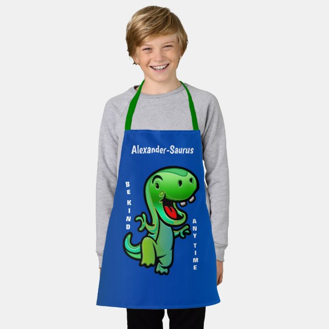 Happy Fun Dinosaur Green Be Kind Child Personalize Apron (Worn)