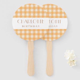 Happy Fun Orange gingham plaid checked birthday Hand Fan