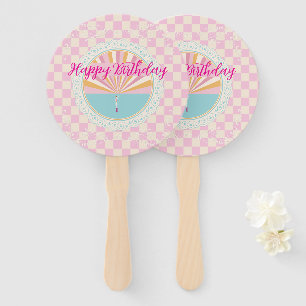 Happy Fun Pink Gingham Plaid Checkered Birthday Hand Fan