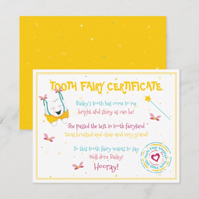 Happy Fun Tooth Fairy Certificate Yellow Color Pop Note Card (Front/Back)