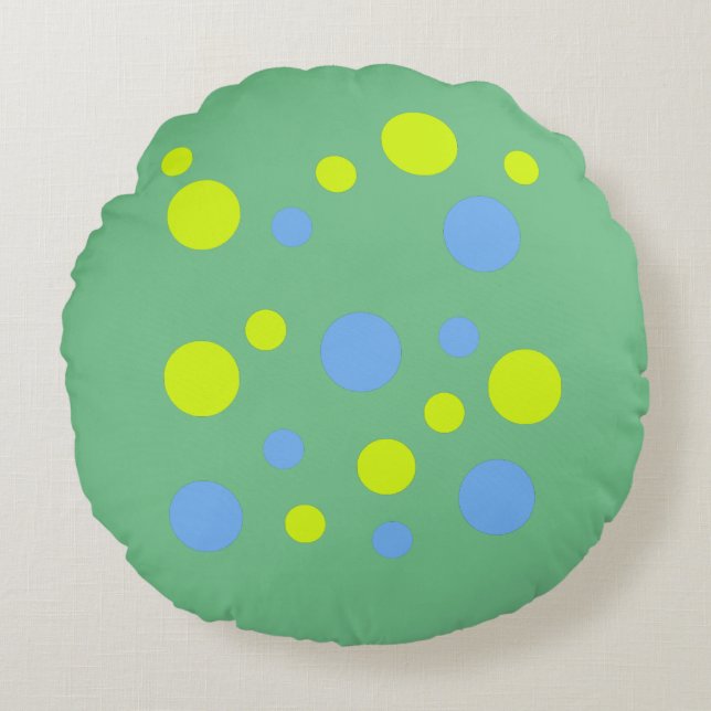 Happy Funky Yellow Blue Bubbles Round Pillow (Front)