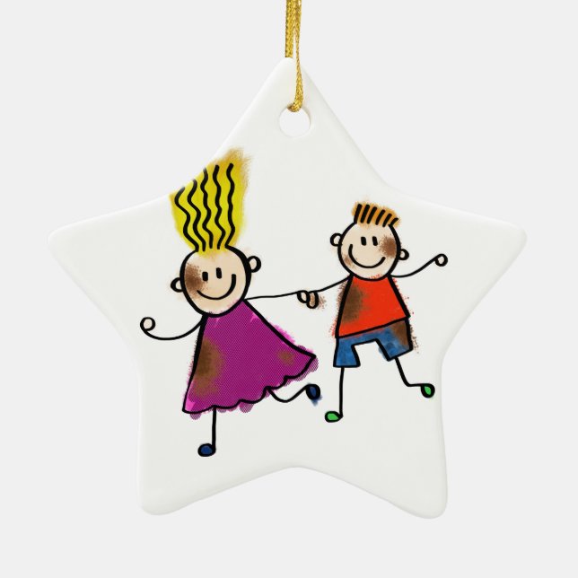 Happy Funny Kids Couple Drawing Doodle Cartoon Ceramic Ornament (Back)