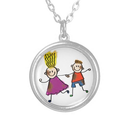 Happy Funny Kids Couple Drawing Doodle Cartoon Silver Plated Necklace