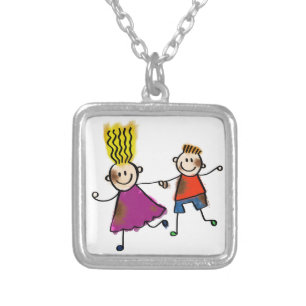 Happy Funny Kids Couple Drawing Doodle Cartoon Silver Plated Necklace