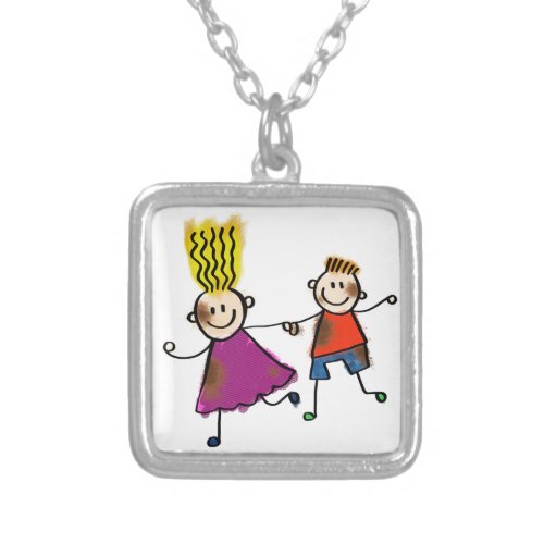 Happy Funny Kids Couple Drawing Doodle Cartoon Silver Plated Necklace