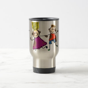 Happy Funny Kids Couple Drawing Doodle Cartoon Travel Mug