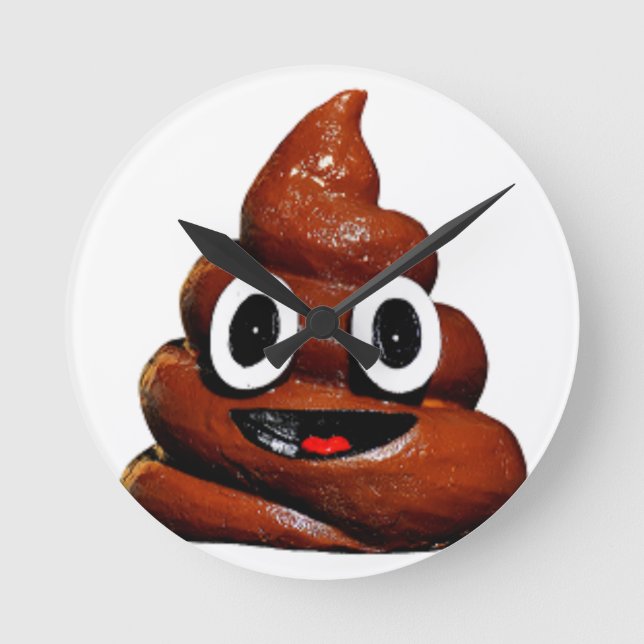 happy funny poop emoji round clock (Front)