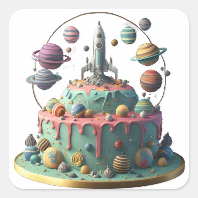 Happy Galaxy Birthday Cake Square Sticker (Front)