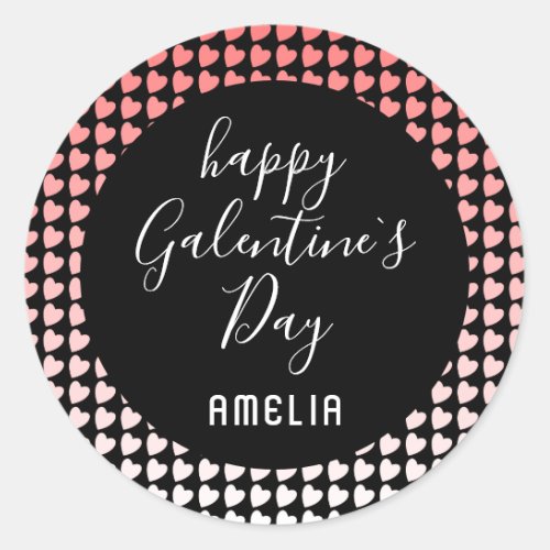 Happy Galentines Day Pink White Heart Pattern Classic Round Sticker