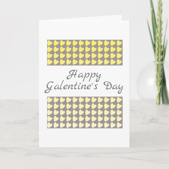 Happy Galentine`s Day Yellow Gray Heart Pattern Holiday Card (Front)