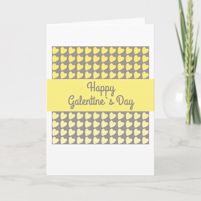 Happy Galentine`s Day Yellow Gray Heart Pattern Holiday Card (Front)