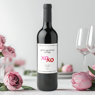 Happy Galentine XOXO Hugs and Kisses Pink Red Wine Label
