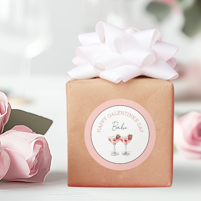 Happy Galentine's Day Babe Strawberry Cocktails Classic Round Sticker (Happy Galentine's Day Babe Strawberry Cocktails Classic Round Sticker)