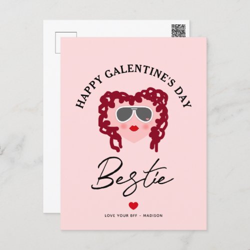 Happy Galentines Day Bestie Chic Script Pink Heart Holiday Postcard