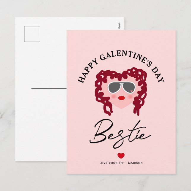 Happy Galentines Day Bestie Chic Script Pink Heart Holiday Postcard (Front/Back)