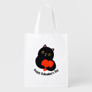 Happy Galentine's Day black kitten gives a heart Grocery Bag