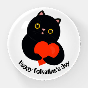 Happy Galentine's Day black kitten gives a heart Paperweight