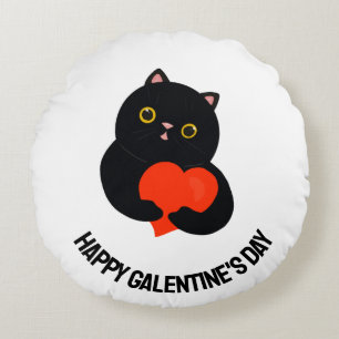 Happy Galentine's Day black kitten gives a heart Round Pillow