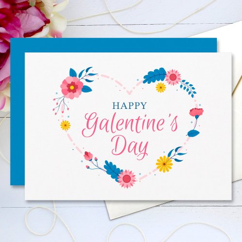 Happy Galentines Day Blue Pink Flowers Heart Holiday Card