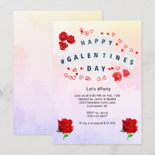 Happy Galentine's Day Hashtag Let's Party Red Rose Invitation
