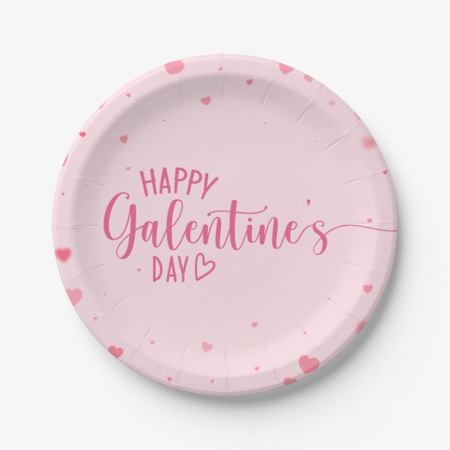 Happy Galentine's Day Pink Hearts Paper Plates (Front)