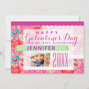 Happy Galentine's Day Pink Hearts Photo Holiday Card