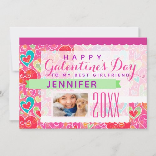 Happy Galentines Day Pink Hearts Photo Holiday Card