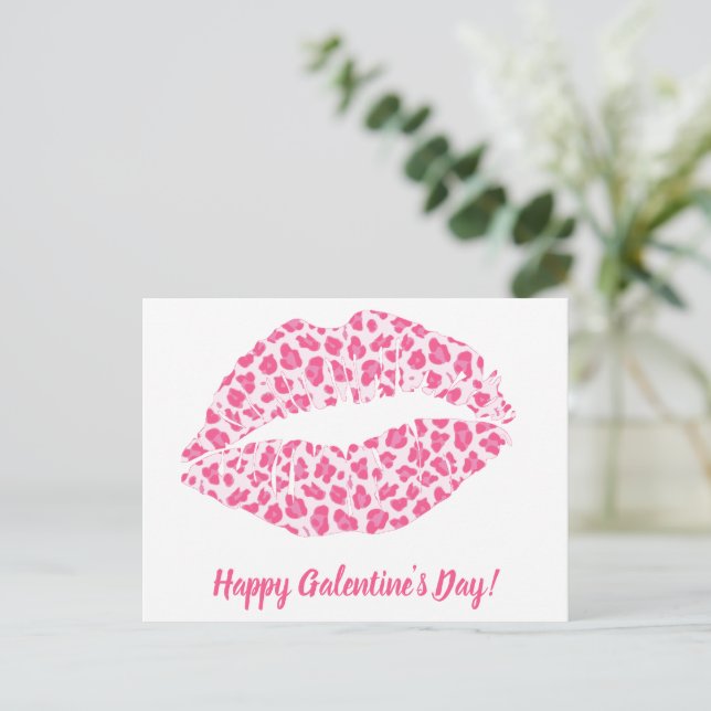 Happy Galentine's Day! Pink Leopard Kiss Postcard (Standing Front)