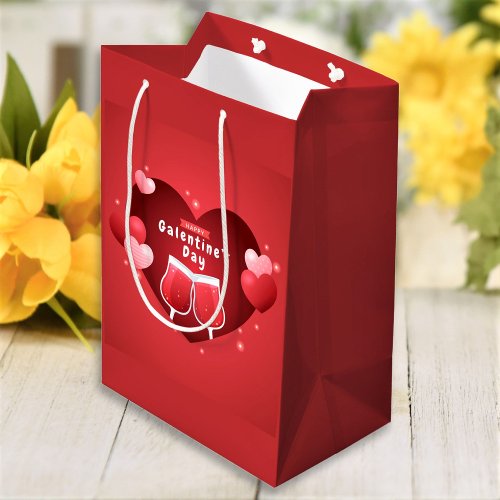 Happy Galentines Day Red Wine Glasses Hearts Medium Gift Bag