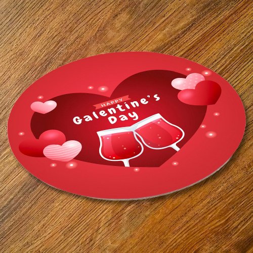Happy Galentines Day Red Wine Glasses Hearts Round Paper Coaster