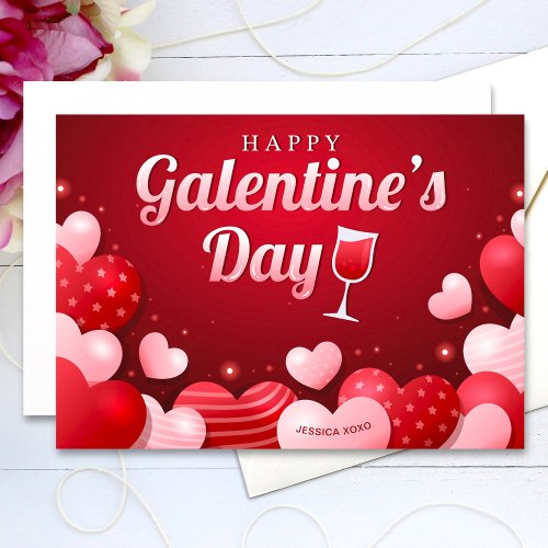 Happy Galentines Day Wine Glass Hearts Text Holiday Card