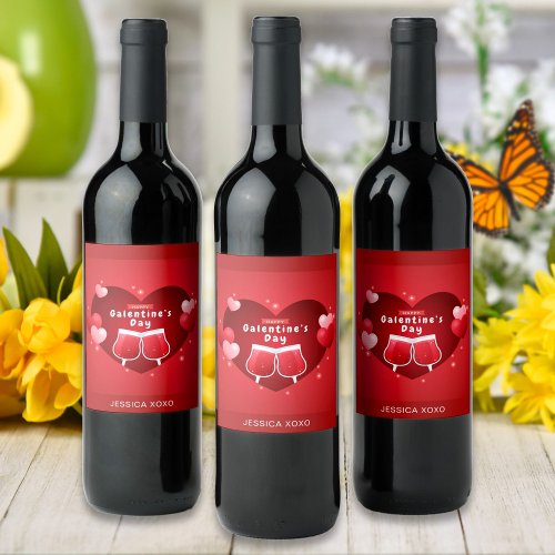 Happy Galentines Day Wine Glasses Cheers Hearts Wine Label