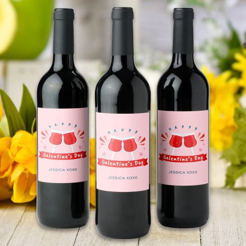 Happy Galentines Day Wine Glasses Cheers Hearts Wine Label