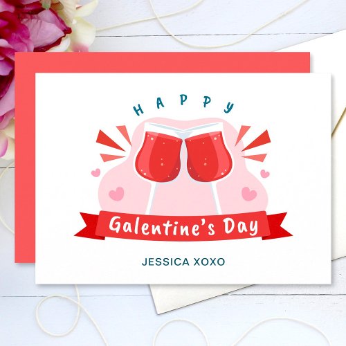 Happy Galentines Day Wine Glasses Hearts Text Holiday Card