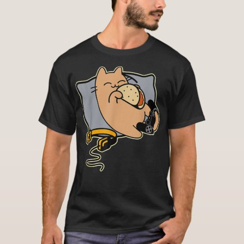 Happy Gamer Cat Eating Tacos Game Paused  T_Shirt