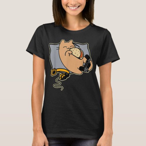 Happy Gamer Cat Eating Tacos Game Paused  T_Shirt