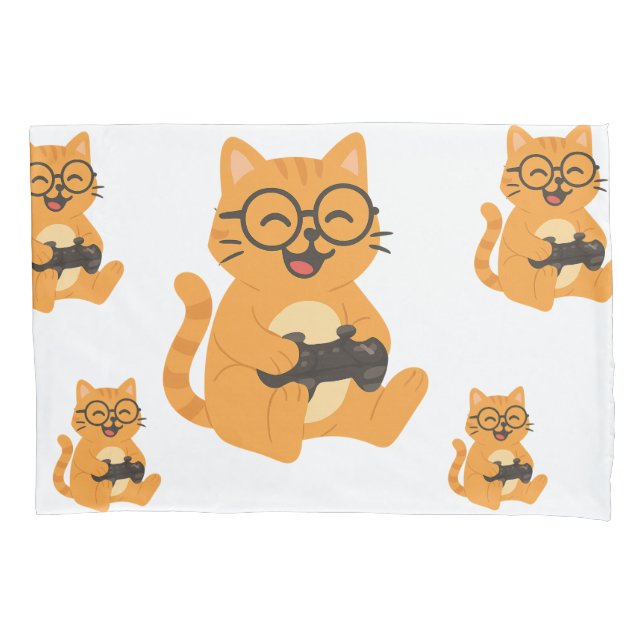 Happy Gamer Cat – Video Game Fun Pillow Case (Front)