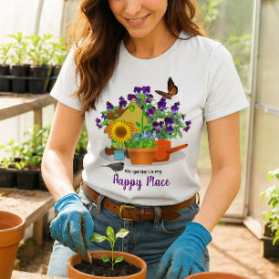 Happy Garden Flowers Bird and Butterfly White T-Shirt