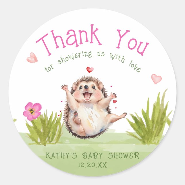 Happy Garden Hedgehog Baby Shower Thank You Favor  Classic Round Sticker (Front)