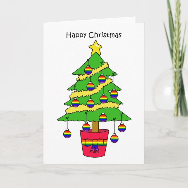 Happy Gay Christmas Cartoon Tree with Baubles Card (Front)