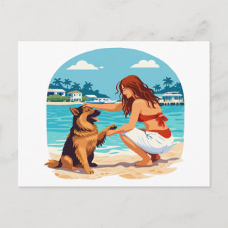 Happy German Shepherd And Woman Bonding On Beach Postcard