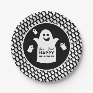 Happy Ghost, Black Halloween Party Paper Plates
