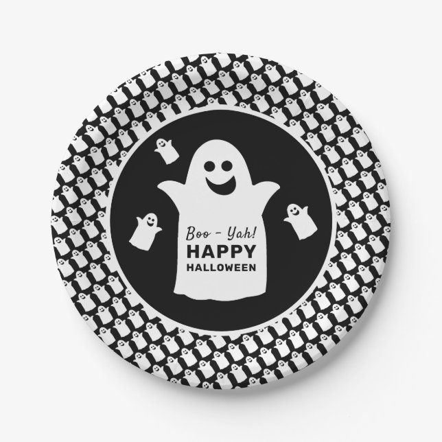 Happy Ghost, Black Halloween Party Paper Plates (Front)