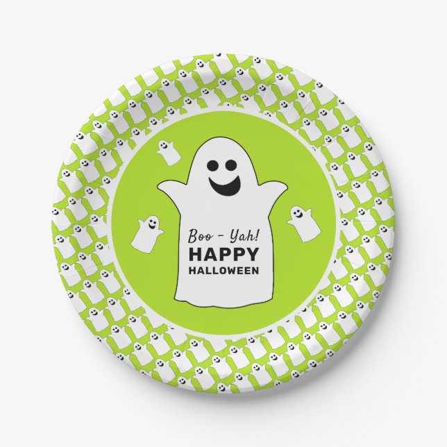 Happy Ghost, Green Halloween Party Paper Plates (Front)