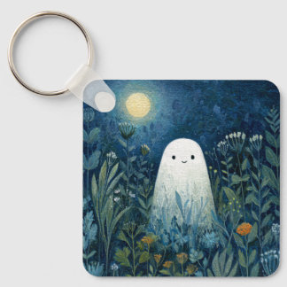Happy Ghost in Moonlit Garden Keychain