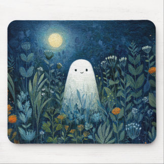 Happy Ghost in Moonlit Garden Mouse Pad
